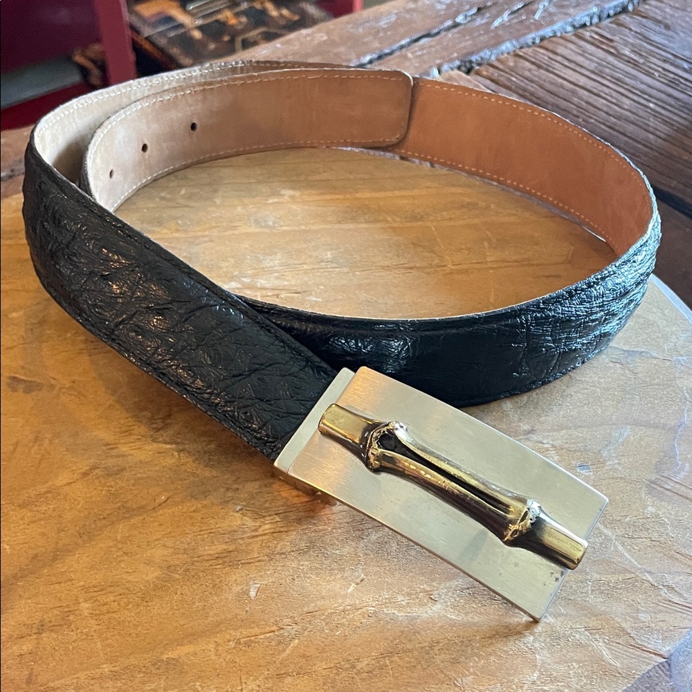 Black Ostrich Leather Belt with Silver/ Brass bamboo Buckle